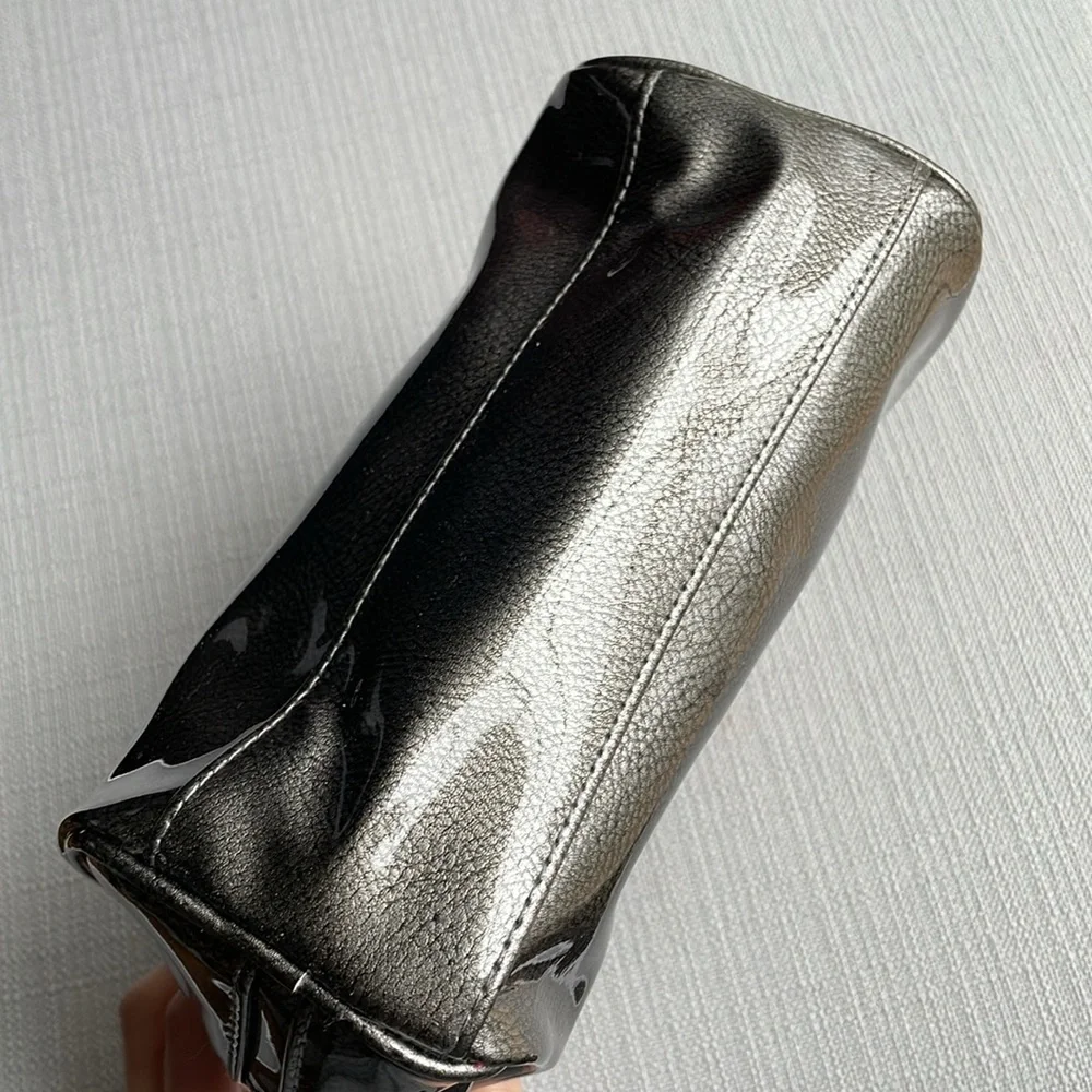 Lancome large gray silver metallic glossy cosmetics pouch